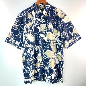 Eddie Bauer L Mens Cotton Short Sleeved Pocketed Button Down Aloha Shirt Navy